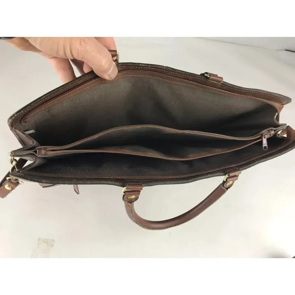 Unisex Brown Leather Pockets Dividers Detachable Strap‎ Double Handles Bag
